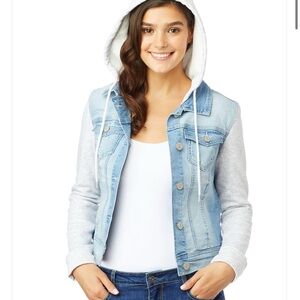 Wallflower Size S Light Wash Denim Jacket with Gray Hood and Sleeves